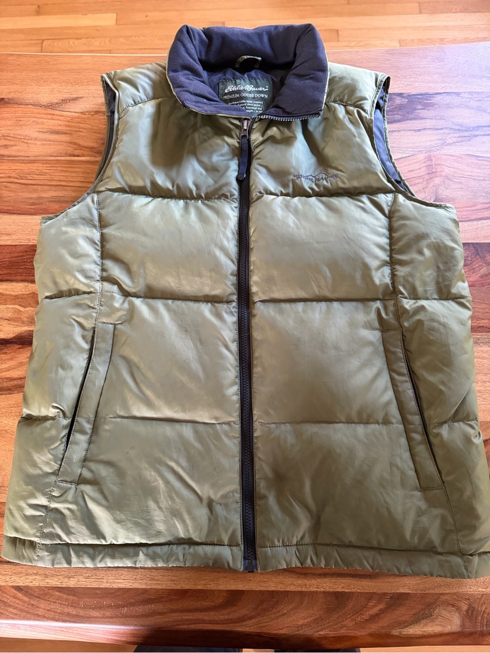 Eddie Bauer Men's Olive Down Puffer Vest with Dark Trim